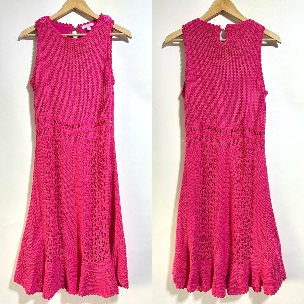 Lilly Pulitzer Azalea Molly Pink Ruffle Harbor Crochet Sweater Dress L